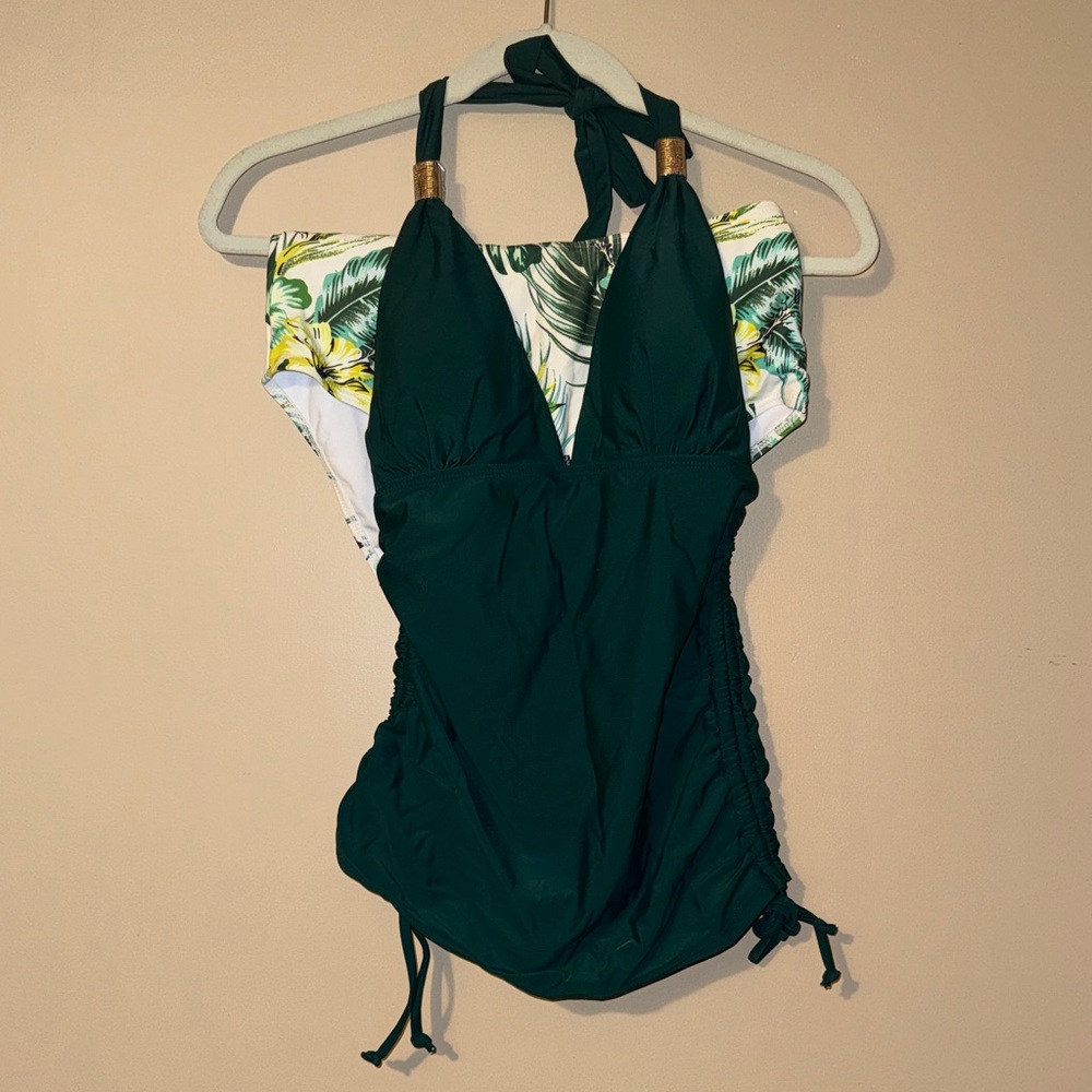 Women’s Green and White Tropical Tankini W/ High Waisted Bottoms
